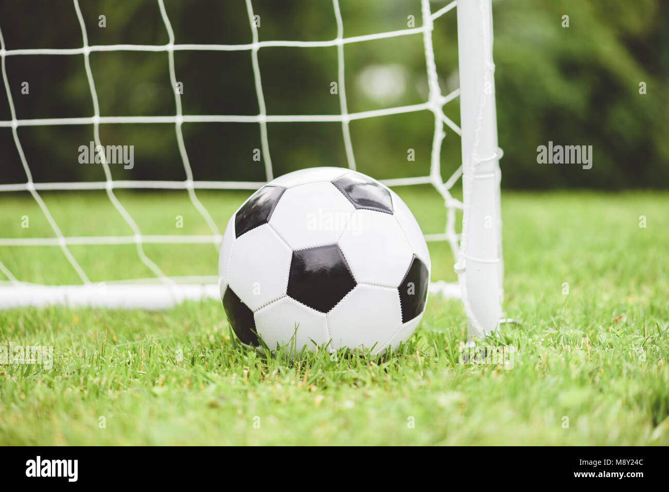 Concept for amateur football (soccer) league with ball and small goal with white net Stock Photo