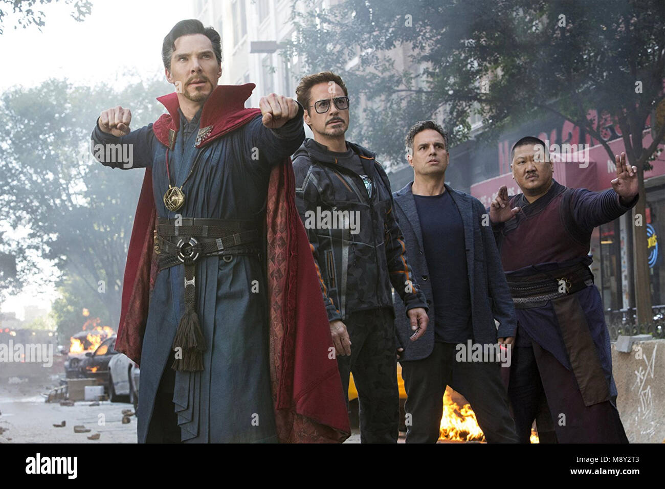 AVENGERS; INFINITY WAR  2018 Marvel Studios film with from left: Benedict Cumberbatch, Robert Downey Jr, Mark Ruffalo,  Benedict Wong Stock Photo