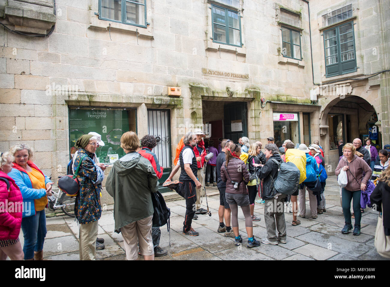 Santiago de Compostela oficina do peregrino with pilgrims waiting in front of the pilgrims