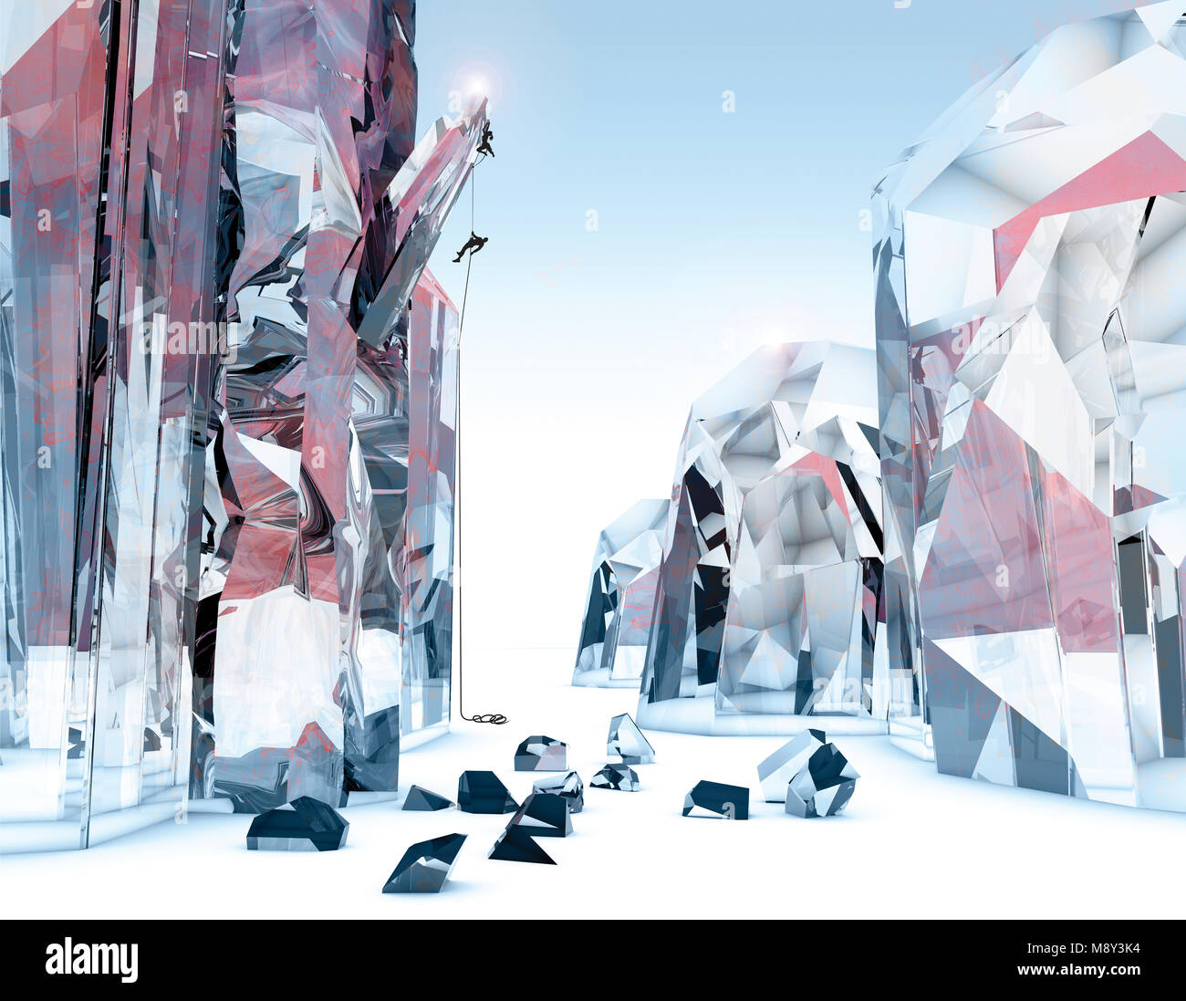 People climbing on a giant crystal, fantastic world. Science fiction landscape. 3d rendering Stock Photo
