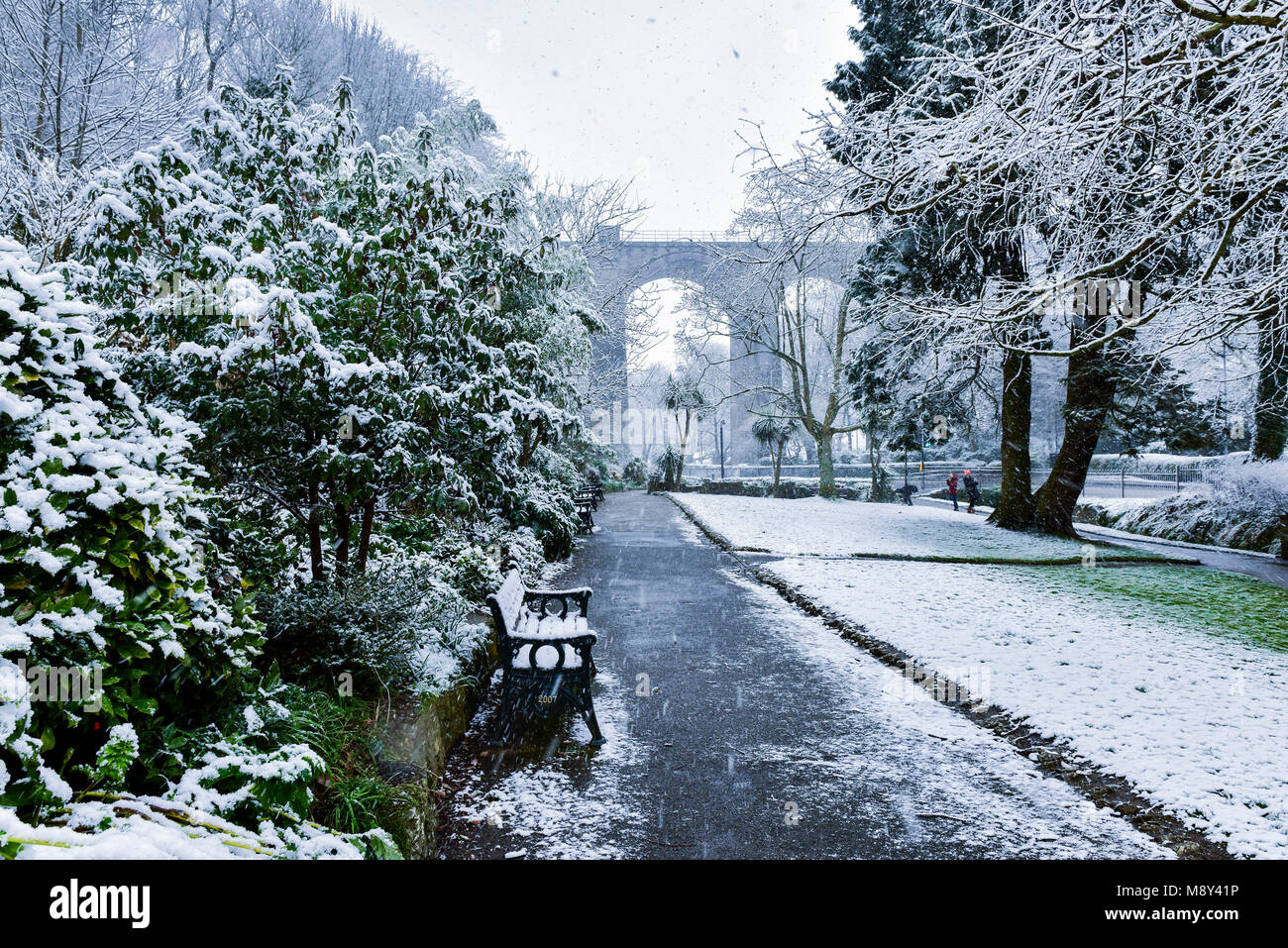 Heavy snowfall in Trenance Gardens in Newquay Cornwall Stock Photo Alamy