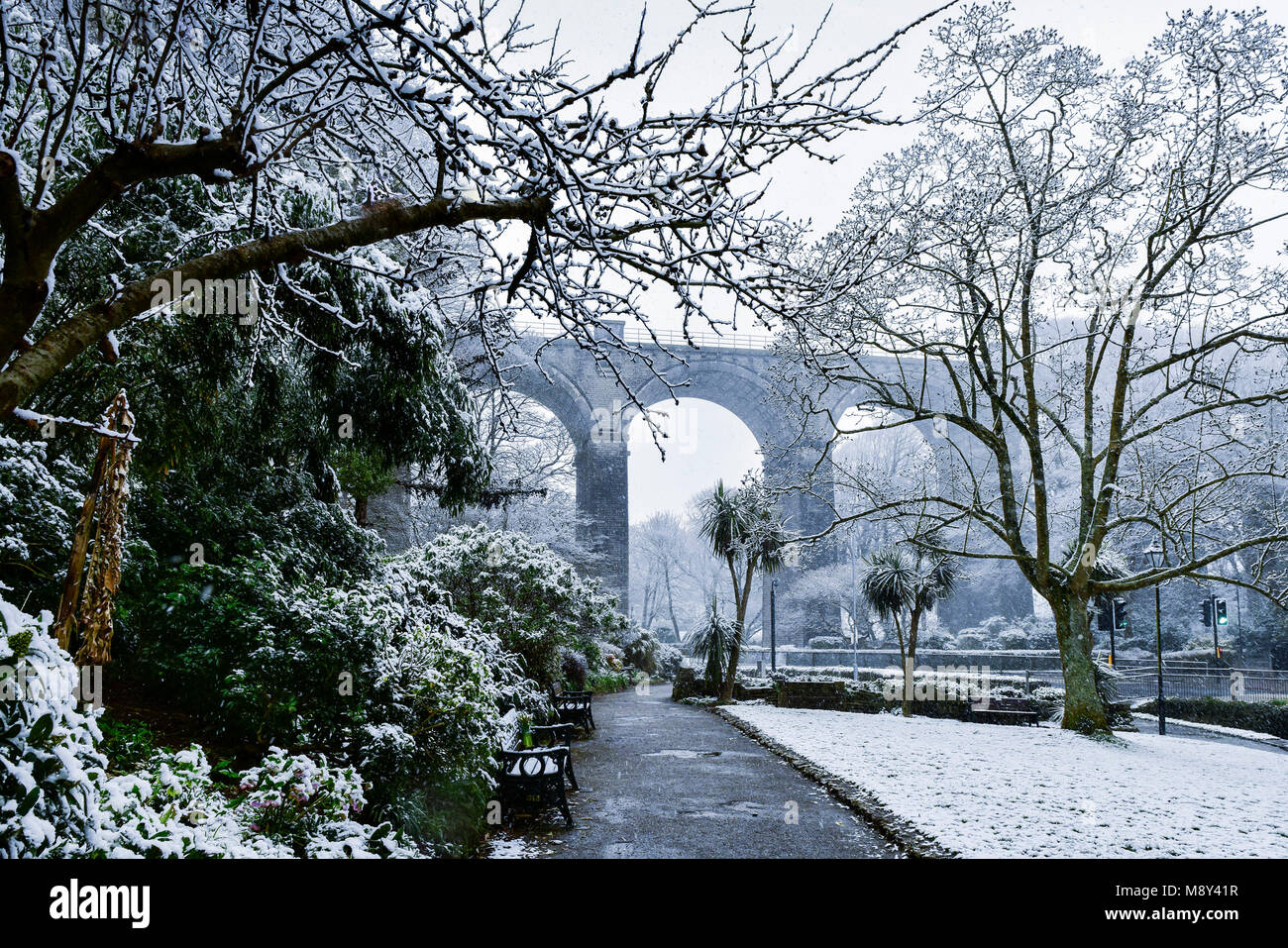 Snow falling in Trenance Gardens in Newquay Cornwall Stock Photo Alamy