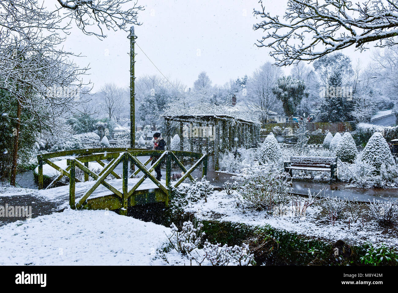 Snow falling over the historic Trenance Gardens in Newquay Cornwall. Stock Photo