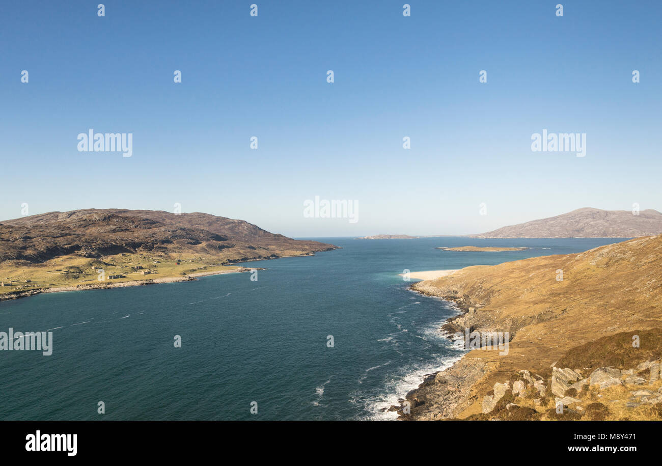 Hushinish coastline and the Isle of Scarp from the Isle of Harris in the Outer Hebrides. Stock Photo