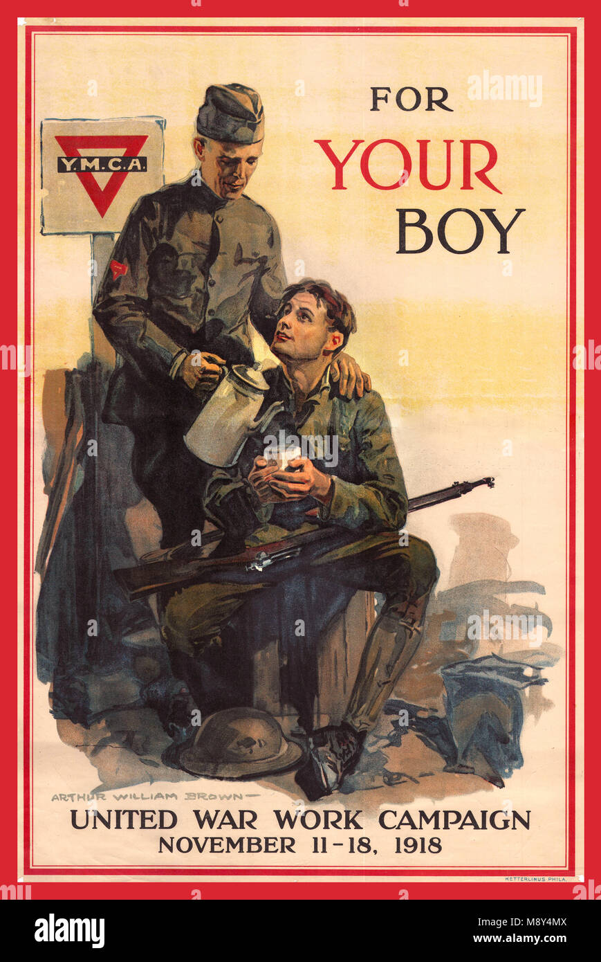 World War 1 Vintage American Propaganda Poster 'FOR YOUR BOY' WW1 illustrating United Work Campaign by The YMCA aid movement November 1918 Stock Photo