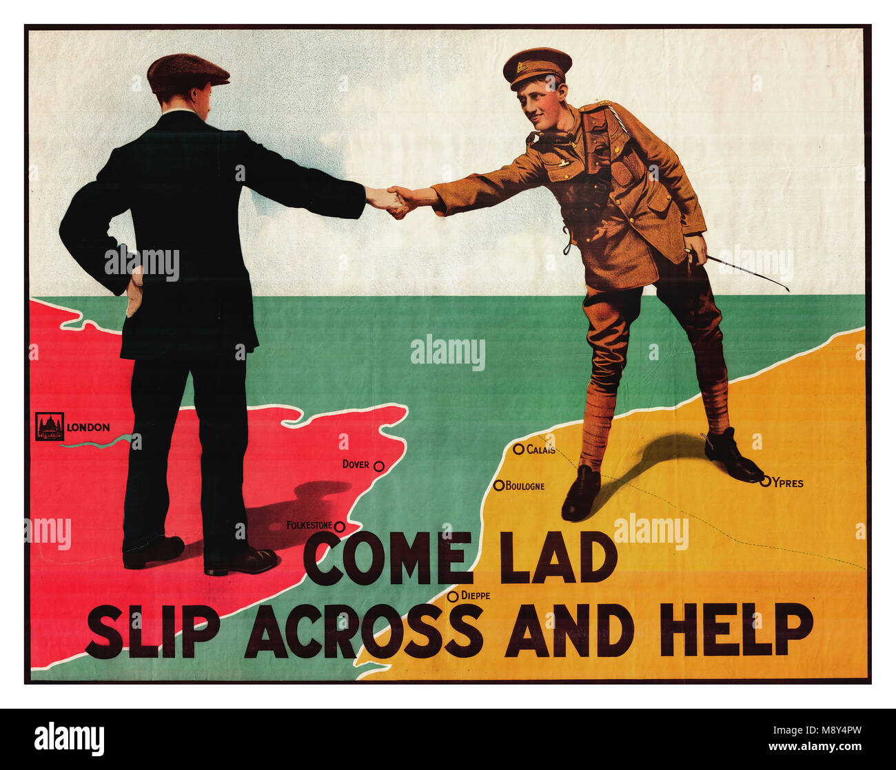 WWI propaganda recruitment graphic artwork poster for British Army serving in France  'Come lad slip across and help' 1914 Stock Photo