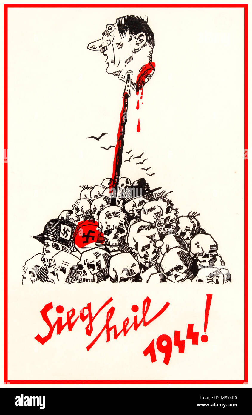 1944 Adolf Hitler cartoon head on stake Vintage Propaganda poster WWII Anti Nazi propaganda poster Sieg Heel Stock Photo