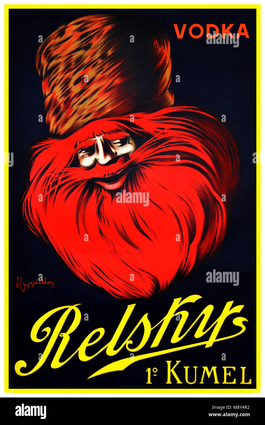 Vintage 1906 Vodka poster by Cappiello with early black background. Relskys is a Balkan-themed French vodka. The smiling Cossack was featured in Relsky ads in the 1900’s Stock Photo