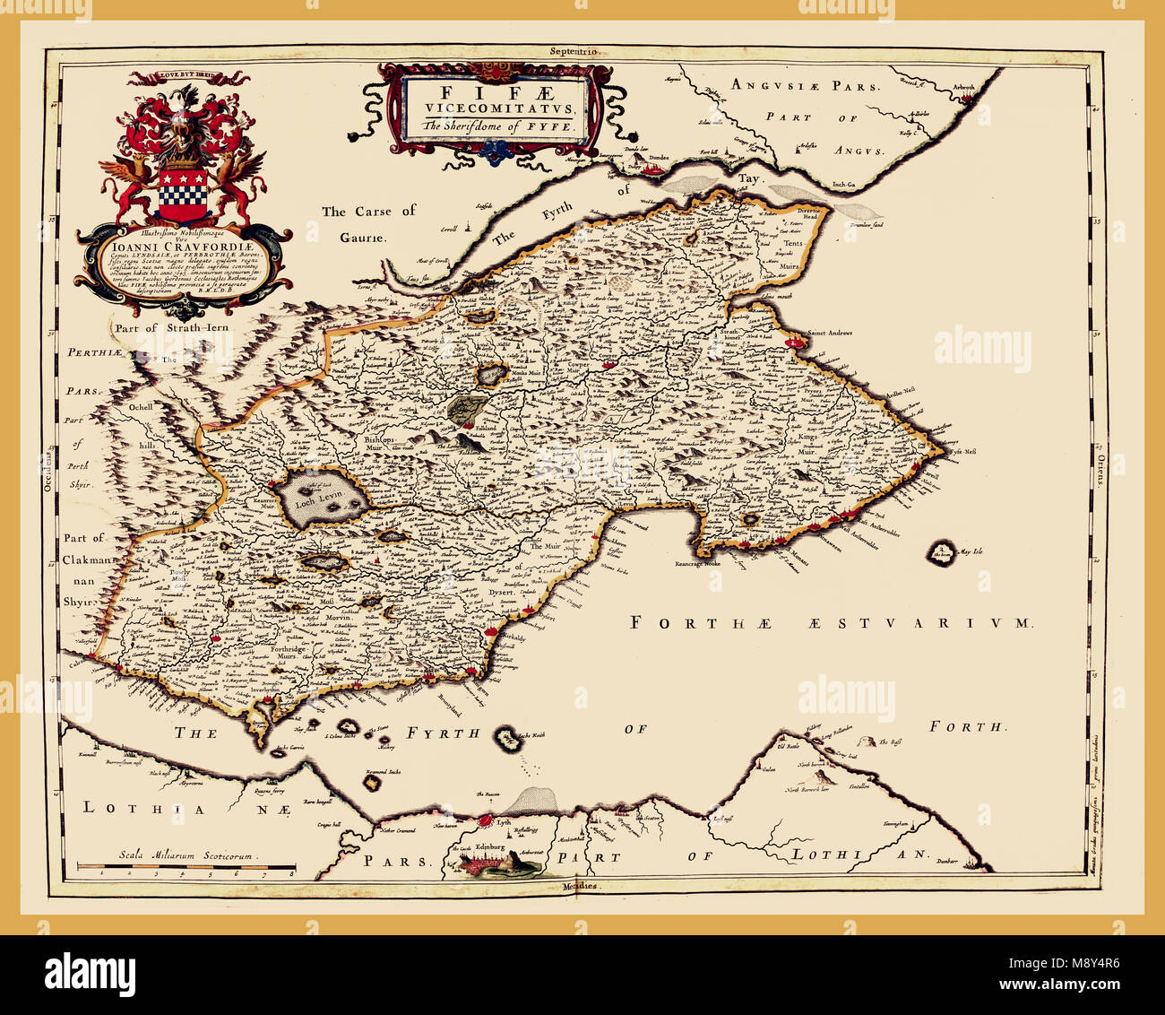 Restored Historic Map 1600's Fife Scotland Antique Map 'Fifae Vicemitatus'. Fife, Scotland. 1654 Stock Photo