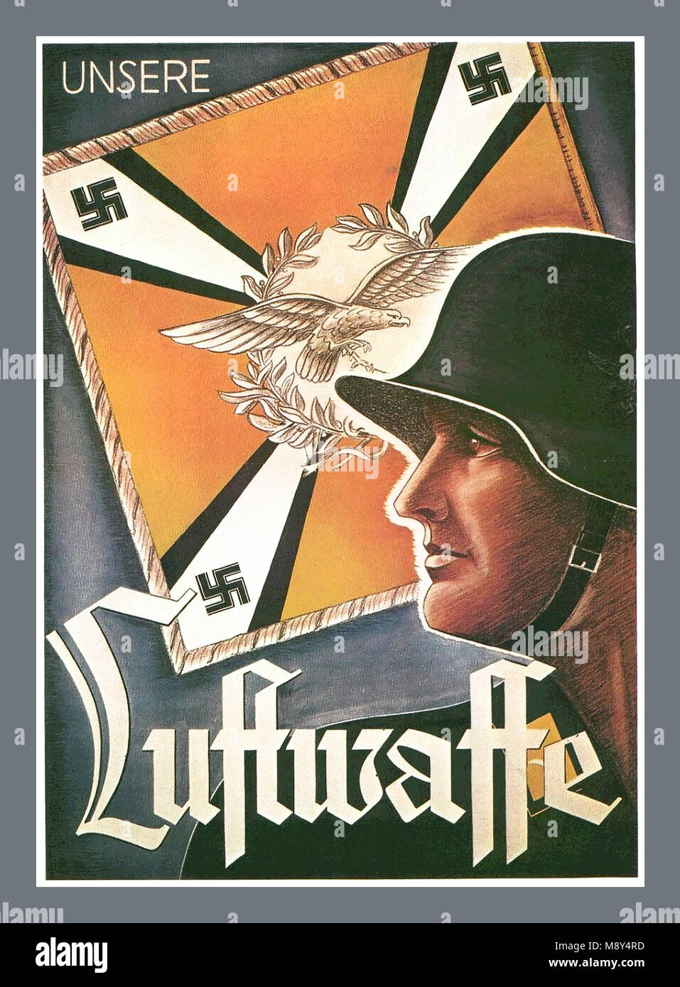 1942 WW2 Nazi Germany Propaganda Poster ‘Our Luftwaffe’ ceremonial flag with Luftwaffe flying eagle emblem and swastikas Stock Photo