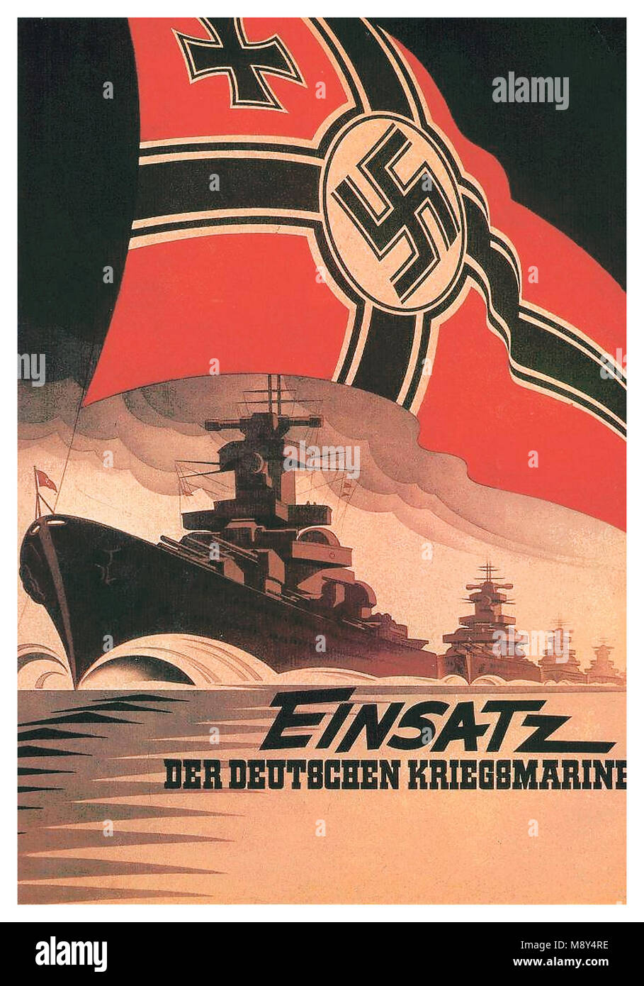 1942 Vintage German Propaganda Poster WW2 Kriegsmarine German Navy pocket battleships committed to a Battle Mission flying the German Navy Swastika Flag Stock Photo