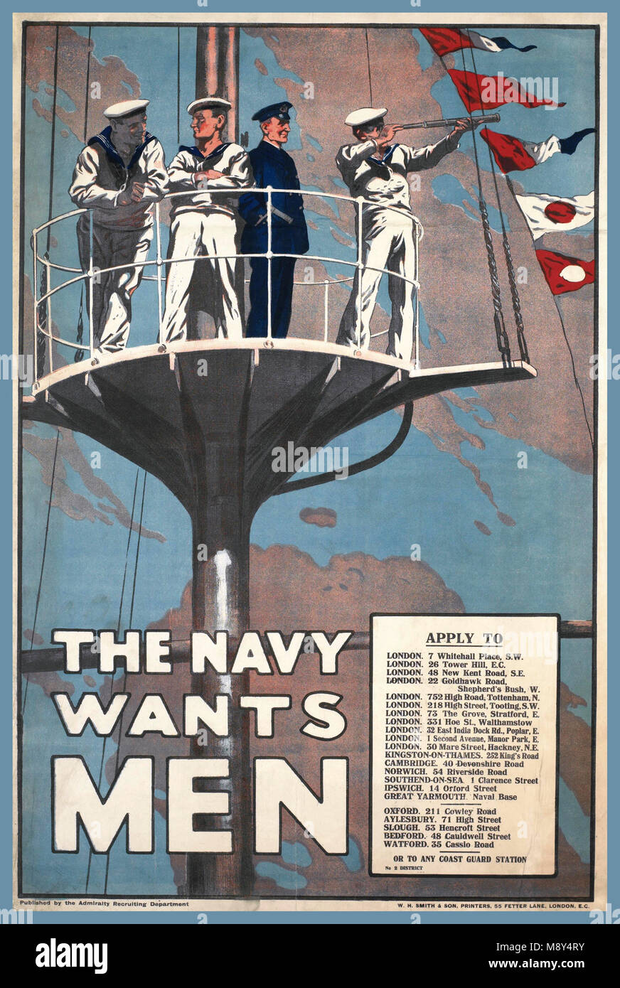 Vintage WW1 1914 Recruitment Poster British Navy three sailors wearing white uniforms stand with an officer, who wears a blue uniform, in a warship's crow's nest. One of the sailors looks through a telescope. A series of pennant flags fly from a rope to the right captioned with THE NAVY WANTS MEN Published by the Admiralty Recruiting Department Stock Photo