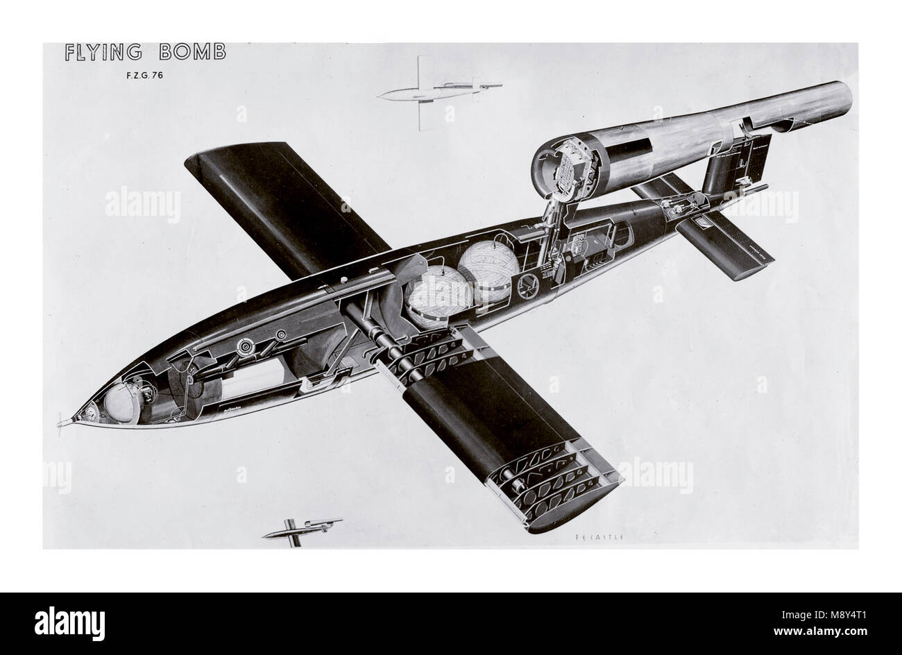 V-1 BUZZ BOMB Historic WW2 Cutaway schematic blueprint drawing of a Nazi German V-1 Buzz Flying Bomb showing fuel cells, warhead and other navigational equipment. It was deployed in World War 2 by Nazi Germany, to randomly terror bomb civilians in London and the suburbs during World War II Blitz 1940's Stock Photo