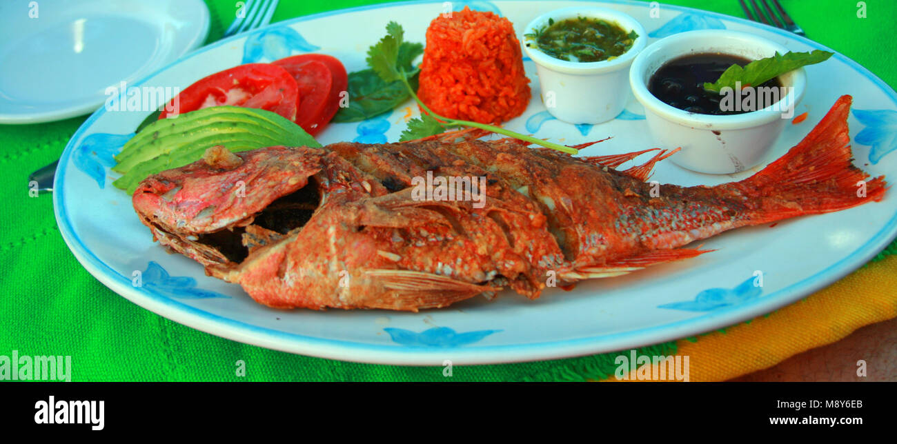 Deep Fried Red Snapper with avocado and tomato slices along with rice