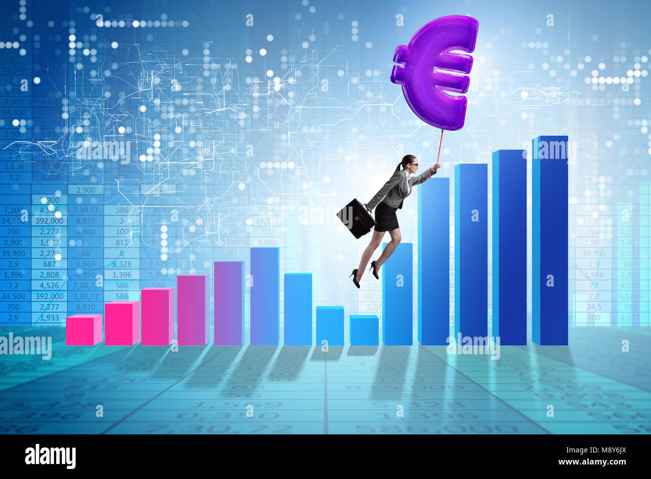 Businesswoman flying on euro sign inflatable balloon Stock Photo - Alamy