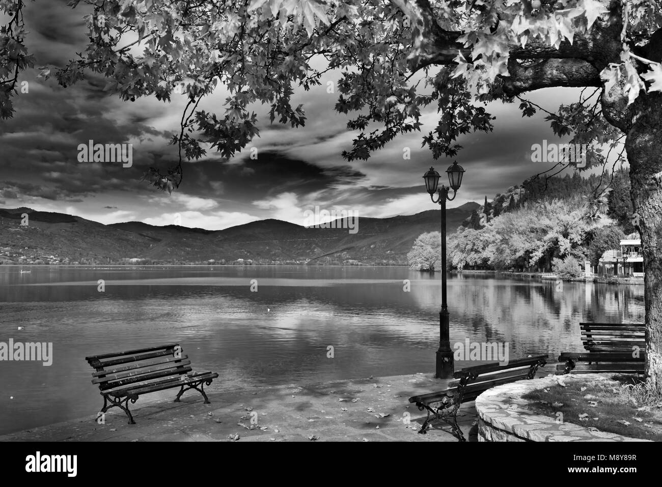 view to Orestiada lake from the waterfont of Kastoria city located in Western Macedonia,  northern Greece Stock Photo