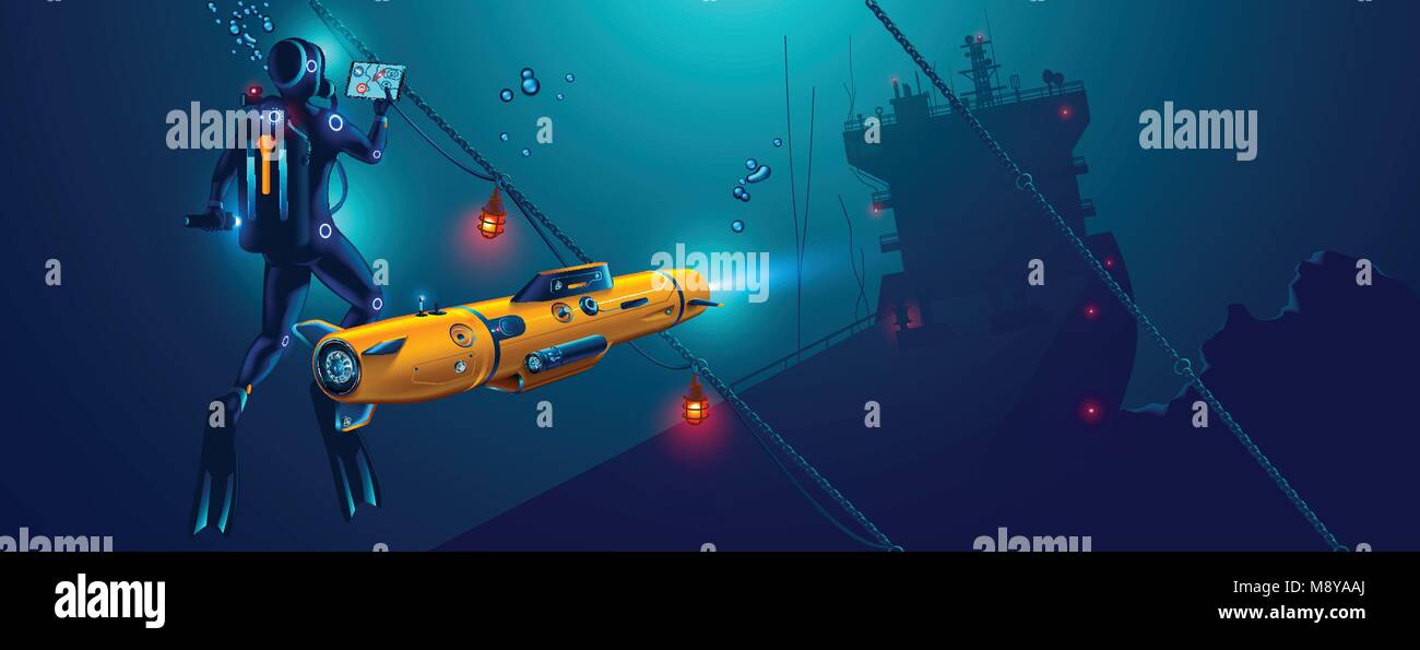 Underwater autonomous robot exploration sea floor. Underwater drone with diver explorat the place shipwreck of ship. Stock Vector