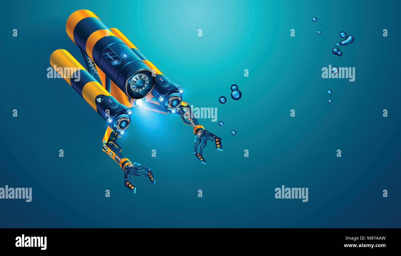 Autonomous underwater rov with manipulators or robotic arms. Modern remotely operated underwater vehicle. Fictitious subsea drone or robot for deep un Stock Vector