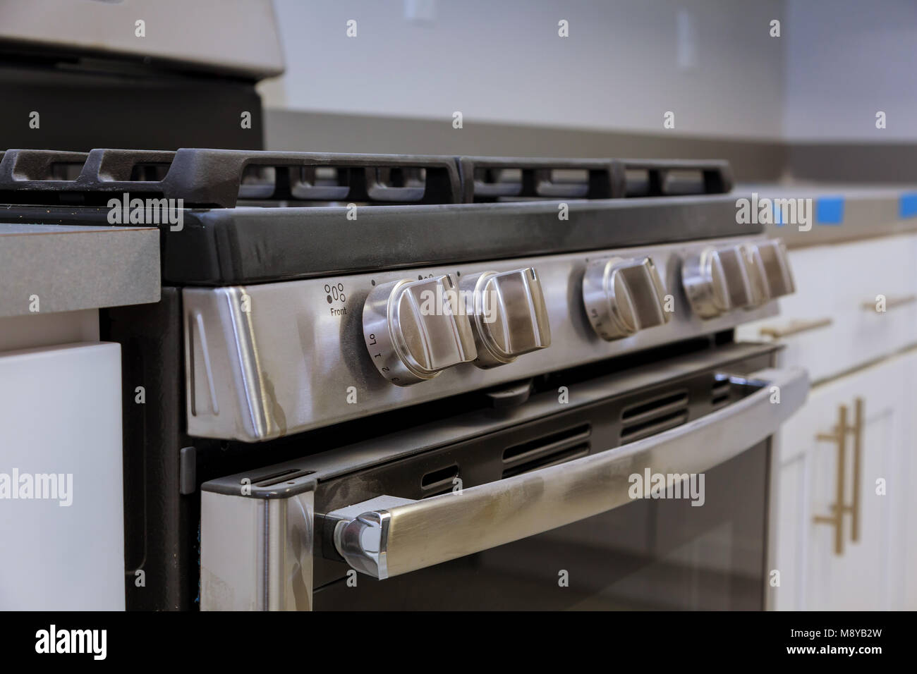 new house installation gas stove worktop near the hob Stock Photo Alamy