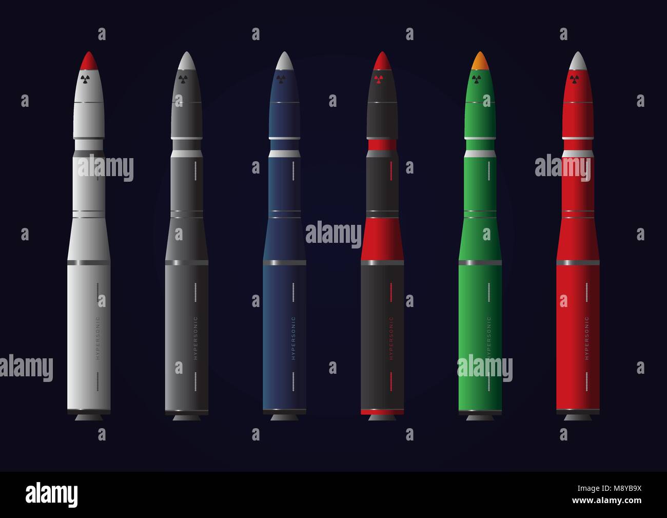 Set of various colorful missiles, or rockets, on dark background Stock Vector