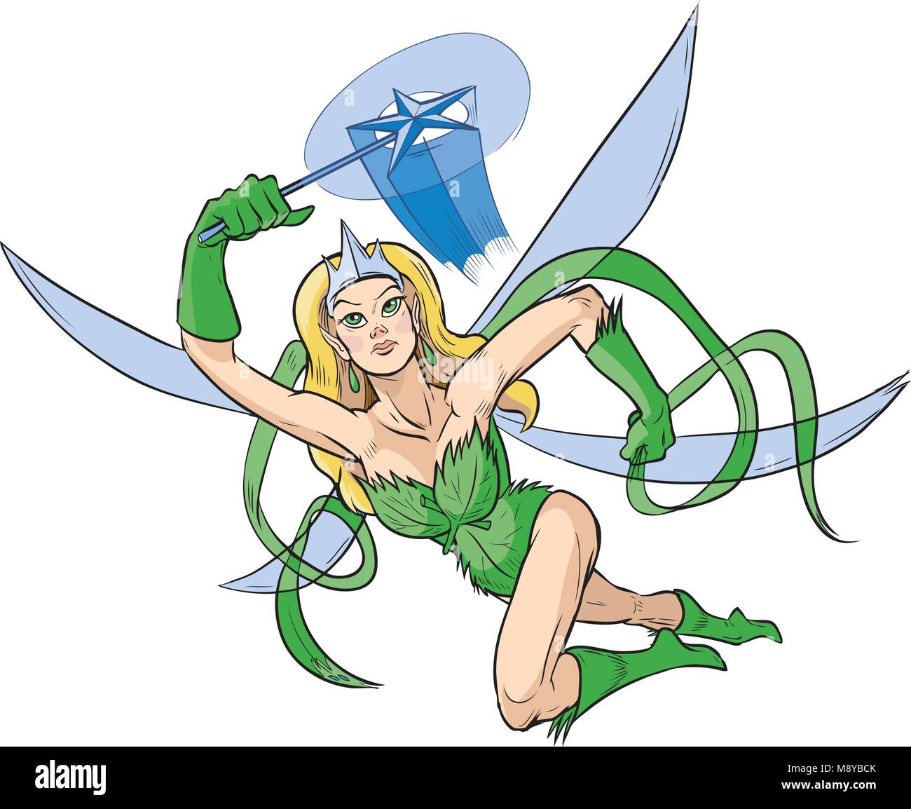 Vector cartoon clip art illustration of a female superhero with a woodland fairy princess theme featuring a crown, star magic wand, and wings. Drawn i Stock Vector