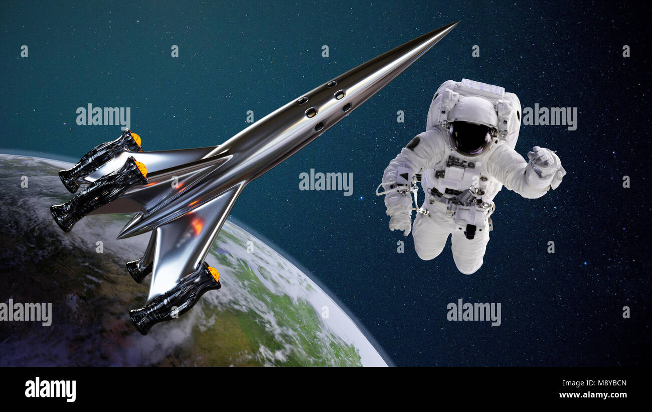 spaceship and astronaut in orbit of planet Earth (3d illustration, elements of this image are furnished by NASA) Stock Photo