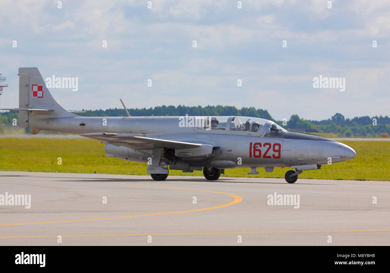 The Polish Air Force PZL TS-11 Iskra (Spark) on runway during International Air Show at the 90th Jubilee of The Polish Air Force Academy. Stock Photo