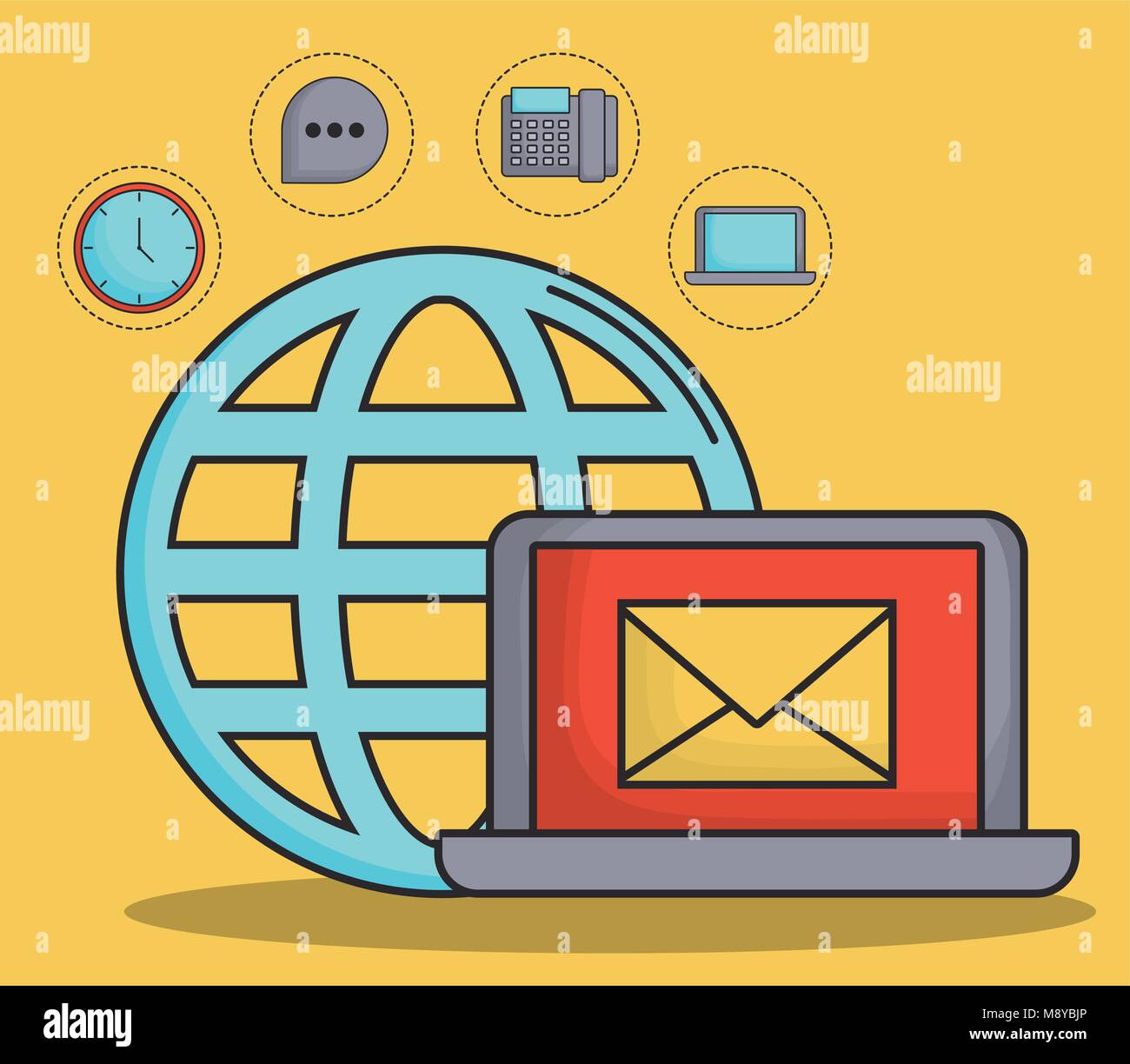 laptop computer with communication related icons around over yellow ...