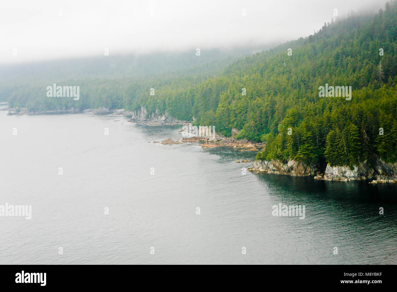 Aerial view of uninhabited areas of Alaska's forested coastline and