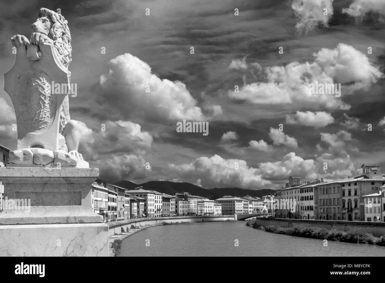 Black and white view of the beautiful sky over the historic center of Pisa, Tuscany, Italy Stock Photo