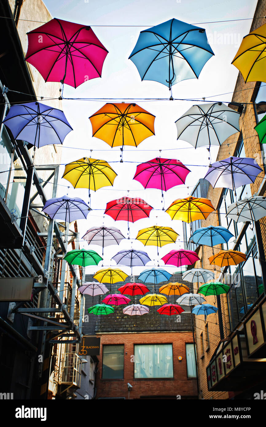 Dublin/Ireland 03/19/2018 Umbrellas on Anne's Lane, Dublin, Ireland