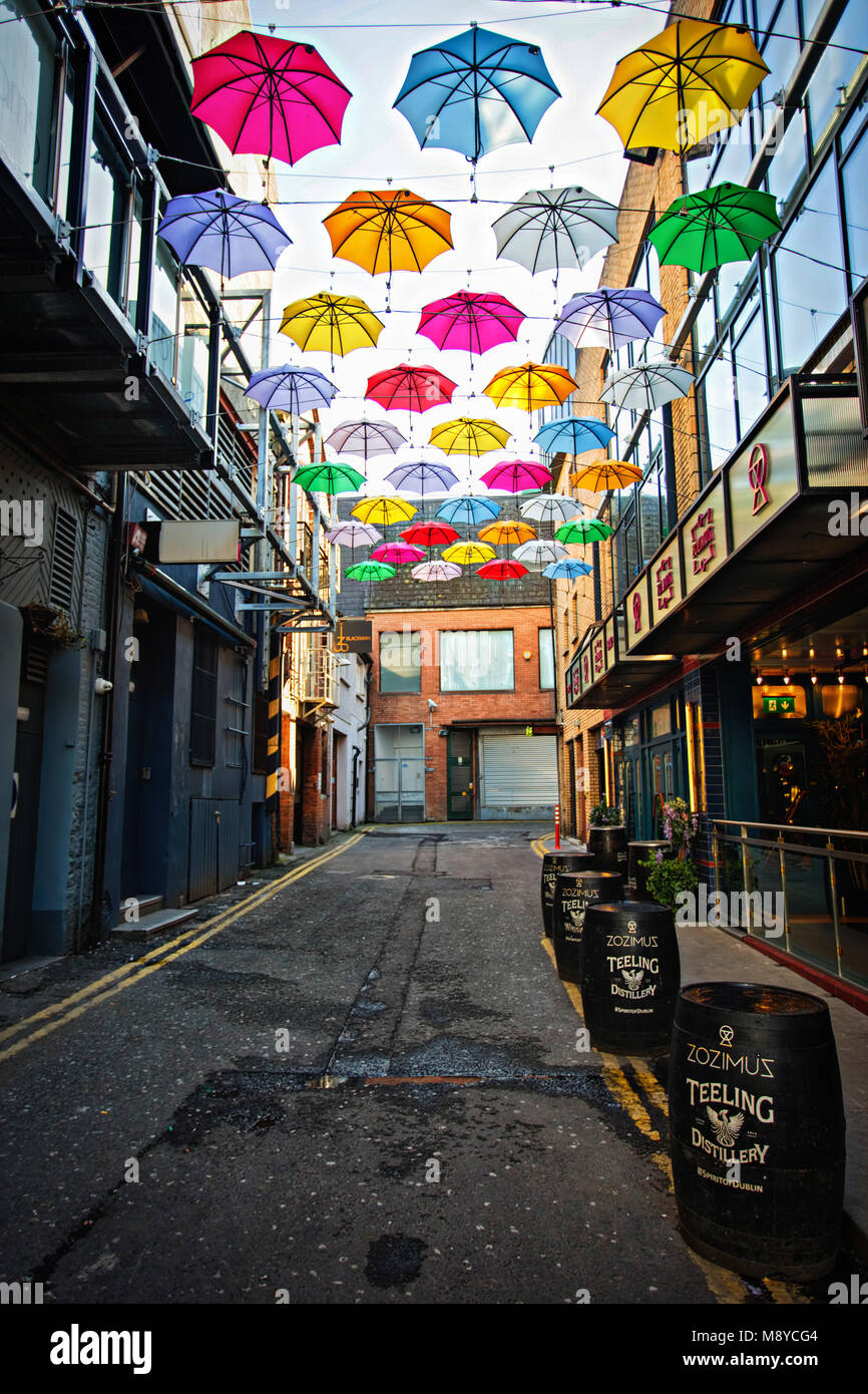 Dublin/Ireland 03/19/2018 Umbrellas on Anne's Lane, Dublin, Ireland