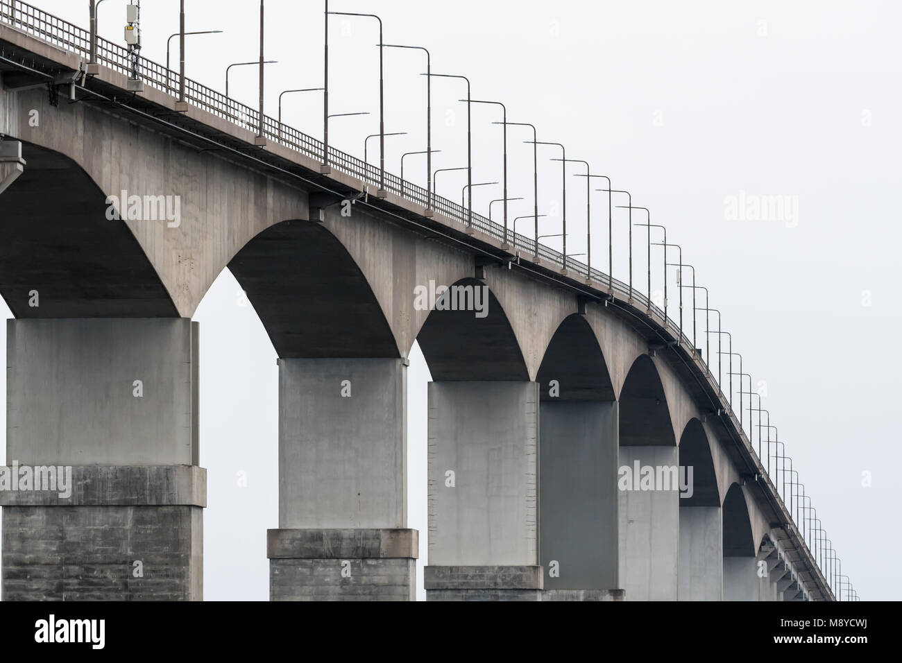 The top of The Oland Bridge in Sweden. The bridge is connecting mainland Sweden to the island Oland in the Baltic Sea. Stock Photo