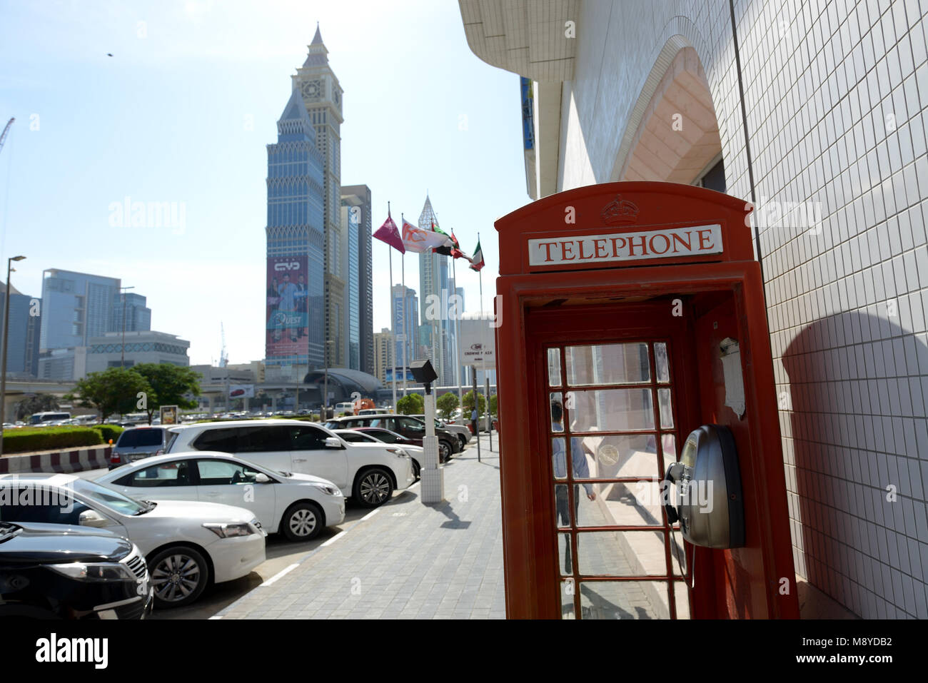 DUBAI, UAE - NOVEMBER 19: The telephone box is near Sheikh Zayed road on November 19, 2017 Stock Photo