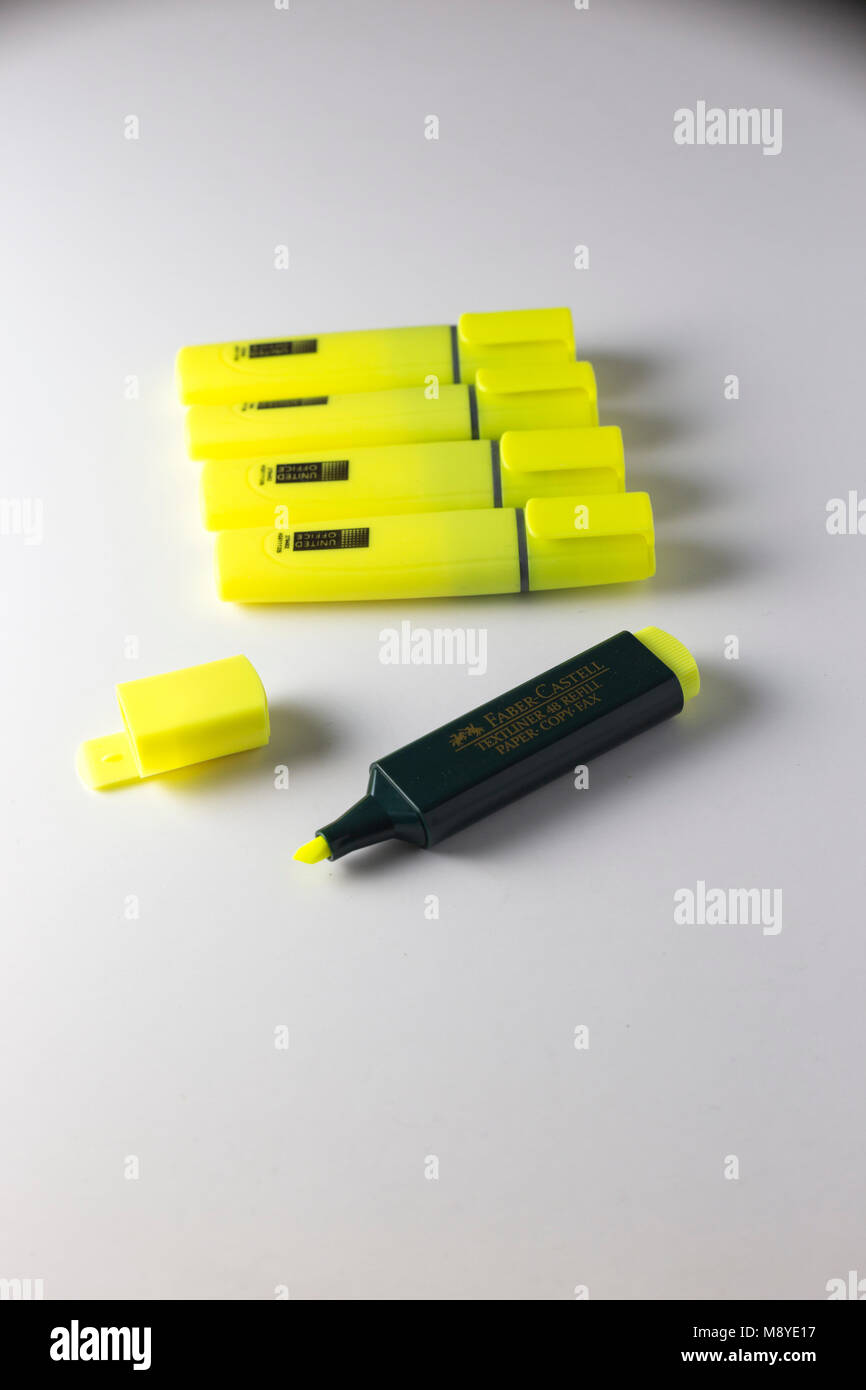 Yellow Highlighter Pens Stock Photo