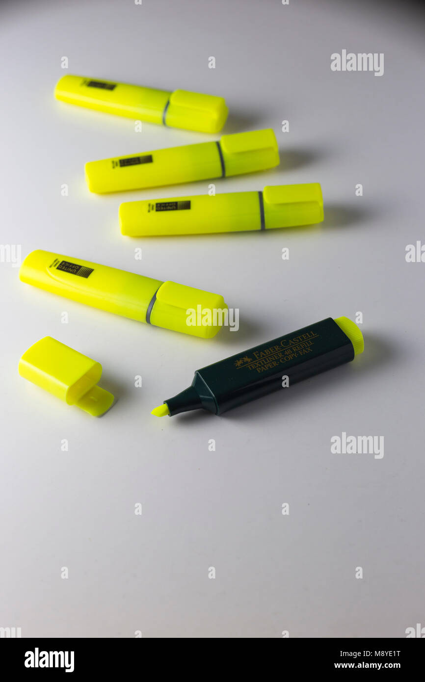 Yellow Highlighter Pens Stock Photo
