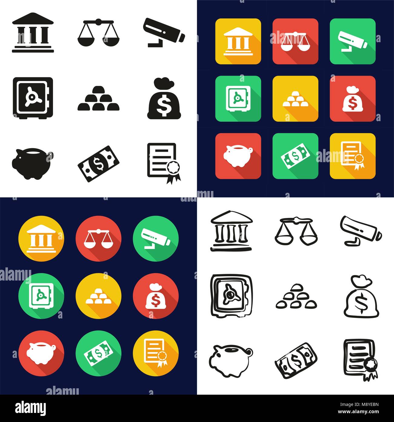 Bank All in One Icons Black & White Color Flat Design Freehand Set Stock Vector
