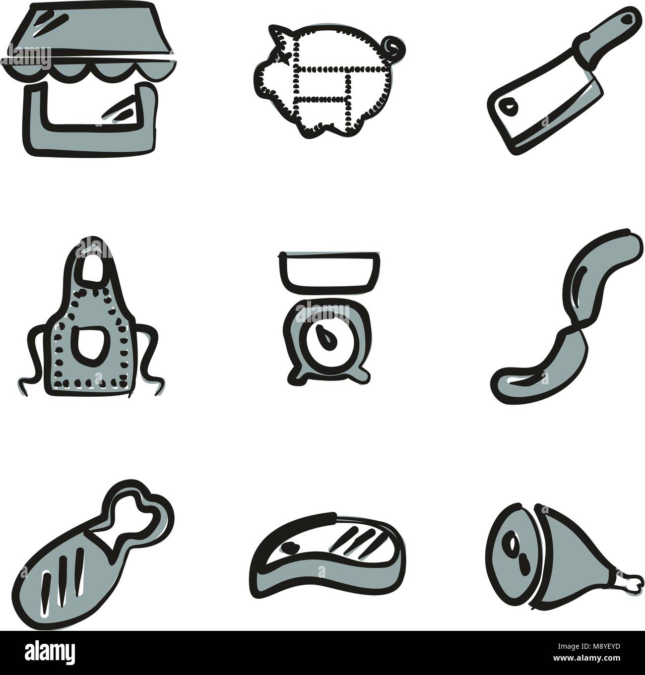 Butcher Shop Icons Freehand 2 Color Stock Vector