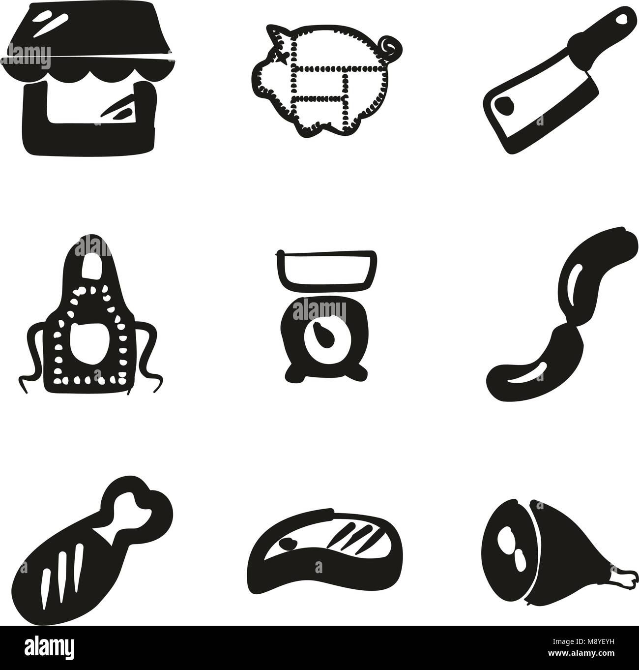 Butcher Shop Icons Freehand Fill Stock Vector