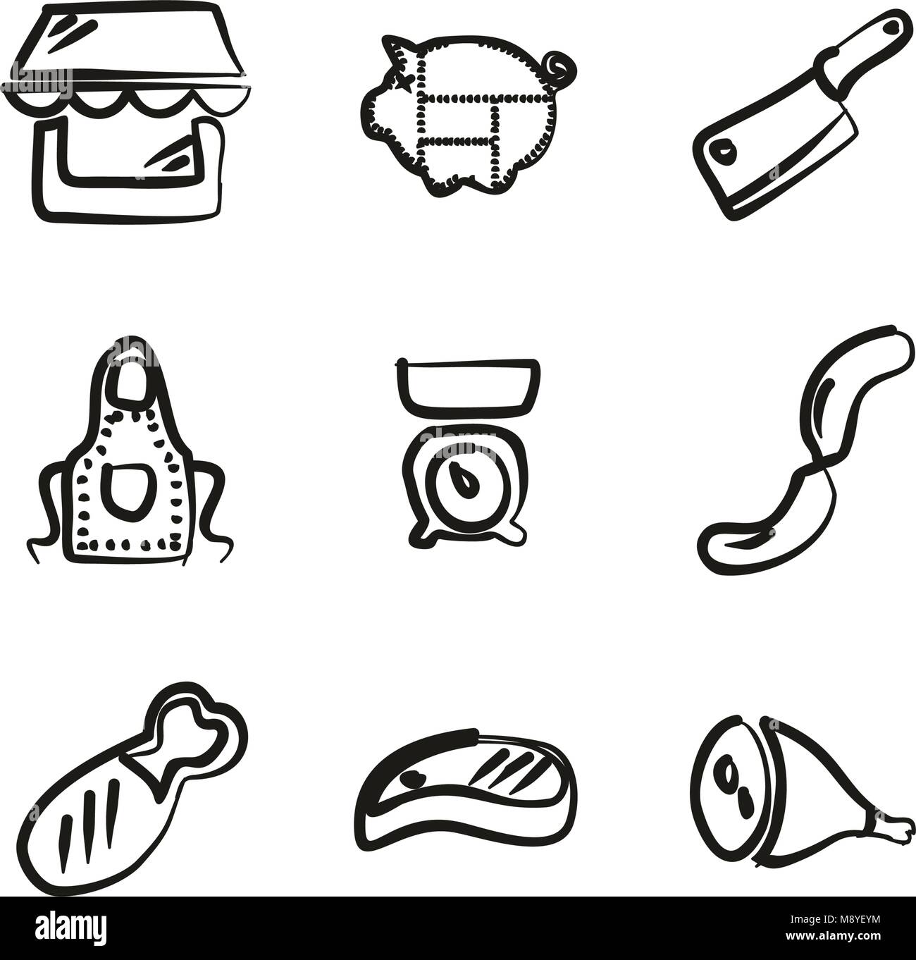 Butcher Shop Icons Freehand Stock Vector