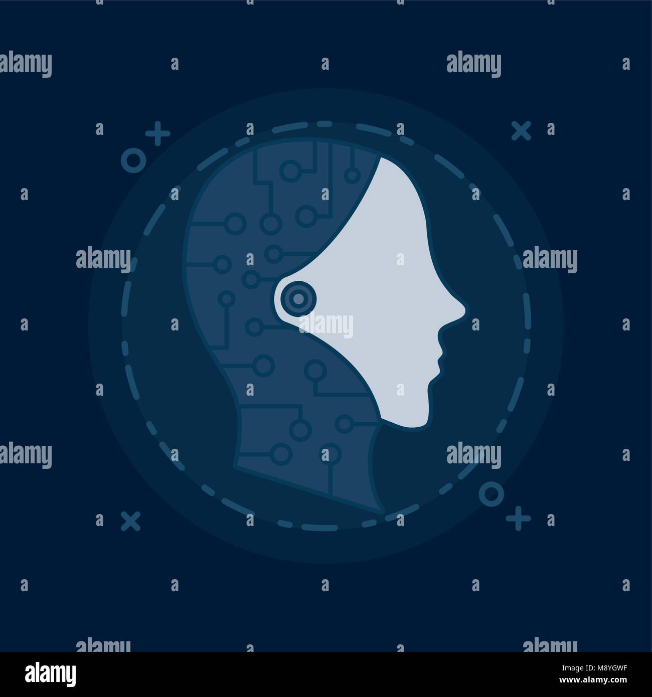 Artificial Intelligence design with robotic head over blue background ...