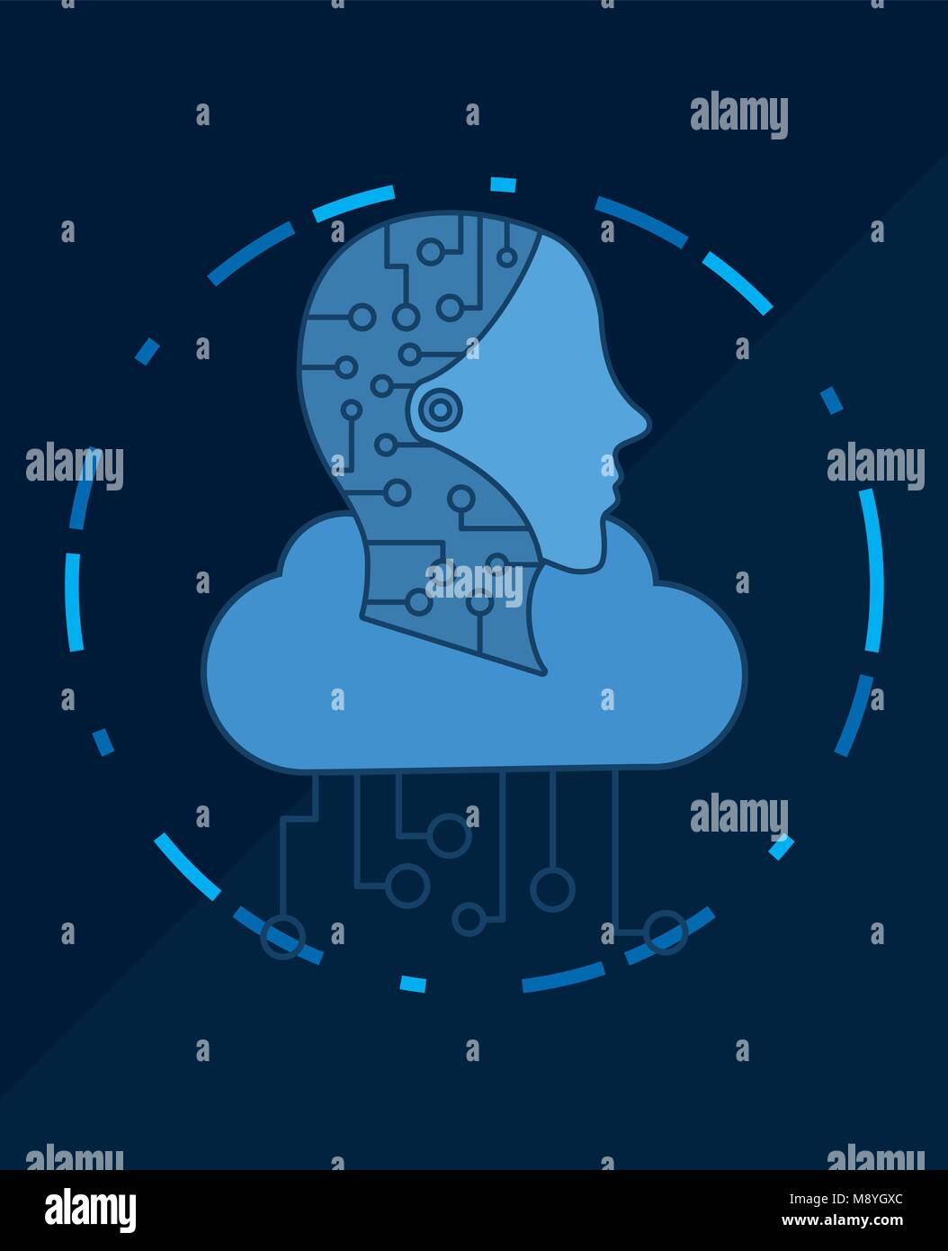 Artificial Intelligence design with robotic head and cloud over blue ...