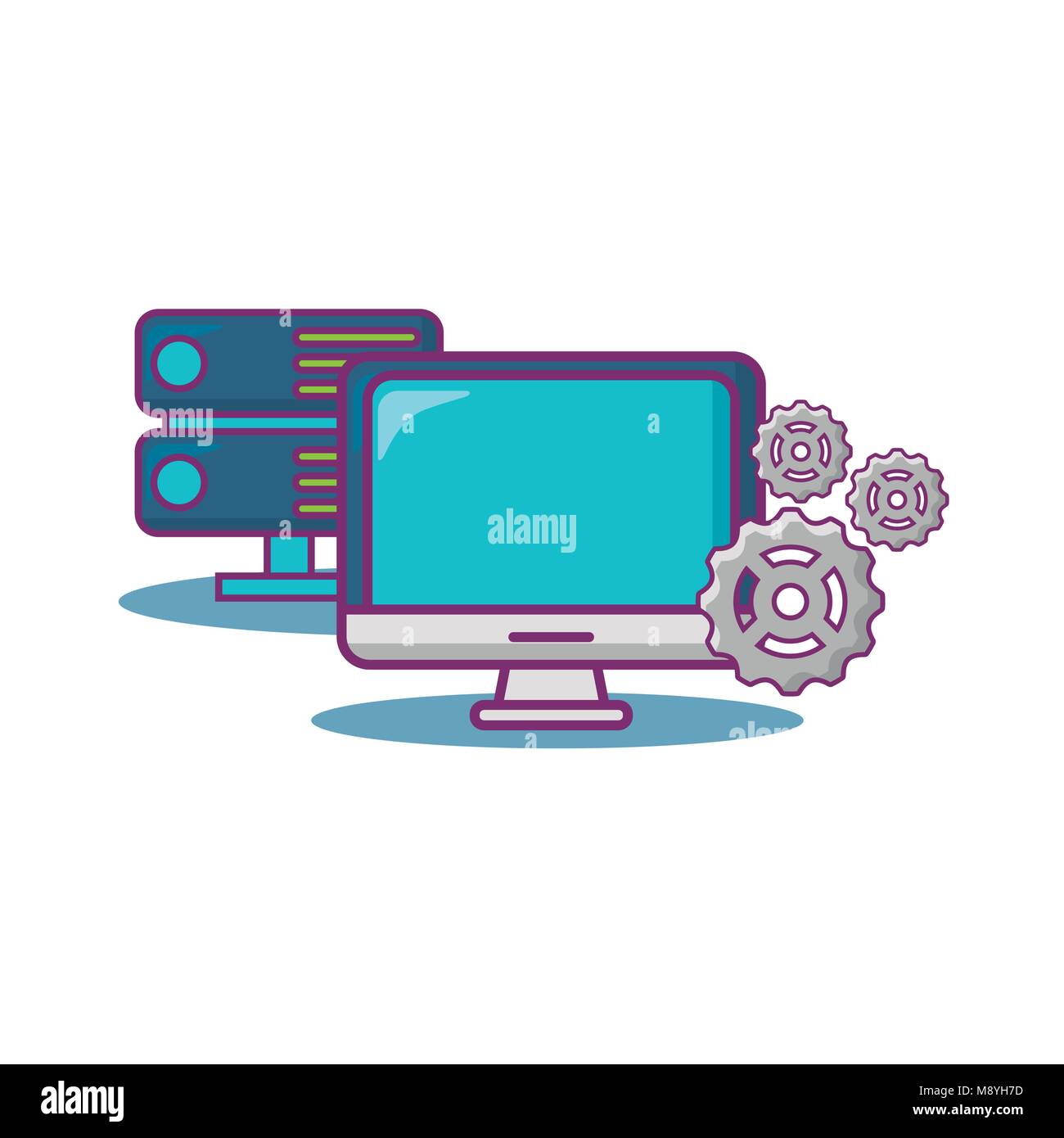 Big data design with computer and gears over blue background, colorful ...