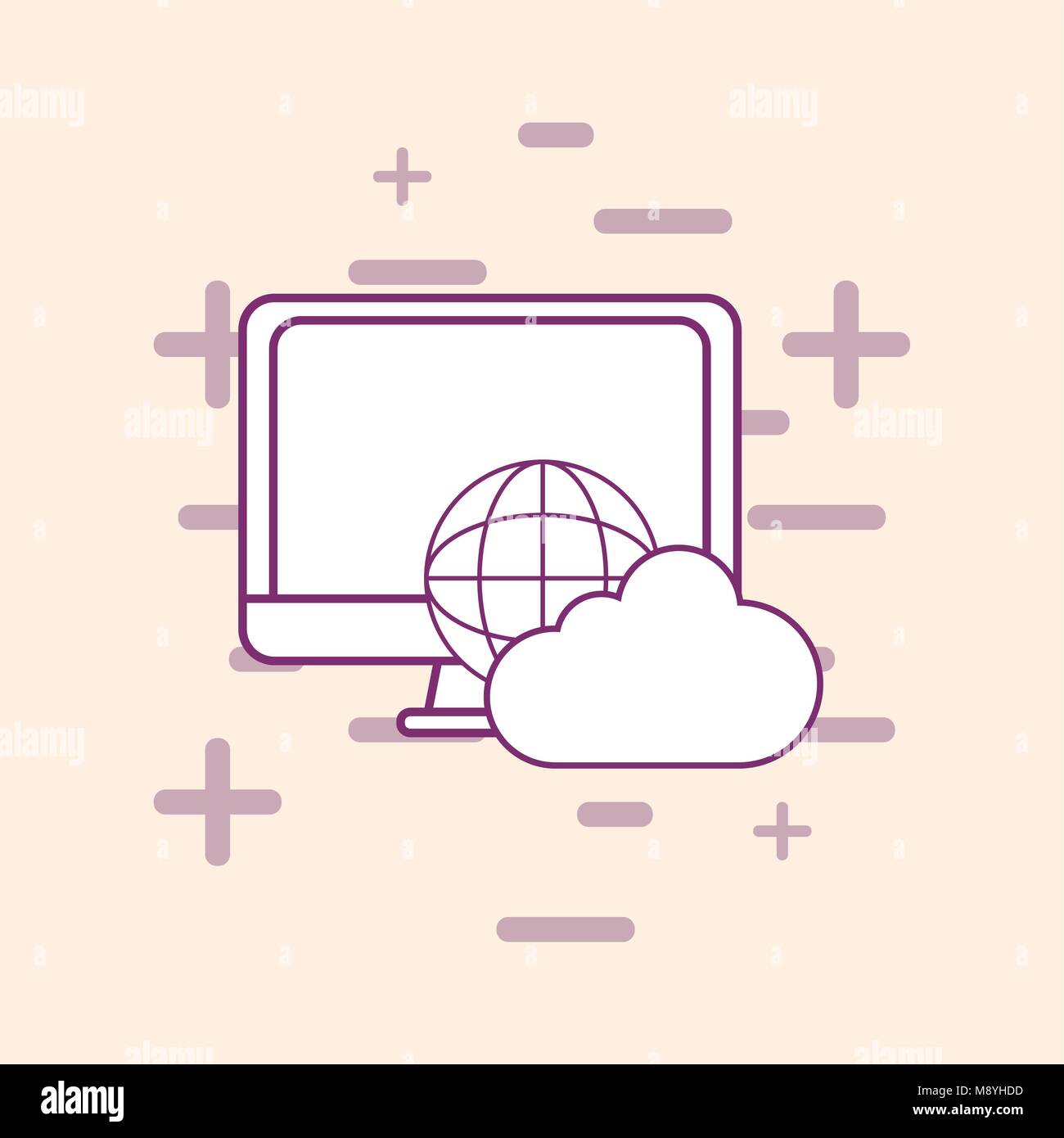 Big data design with computer and global sphere and cloud over white ...