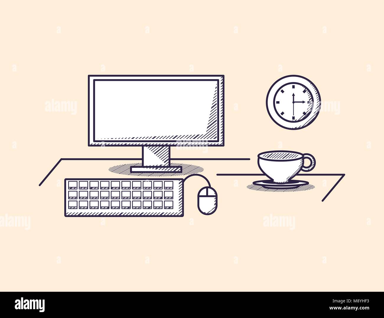 Computer with clock and mouse over orange background, sketch design ...