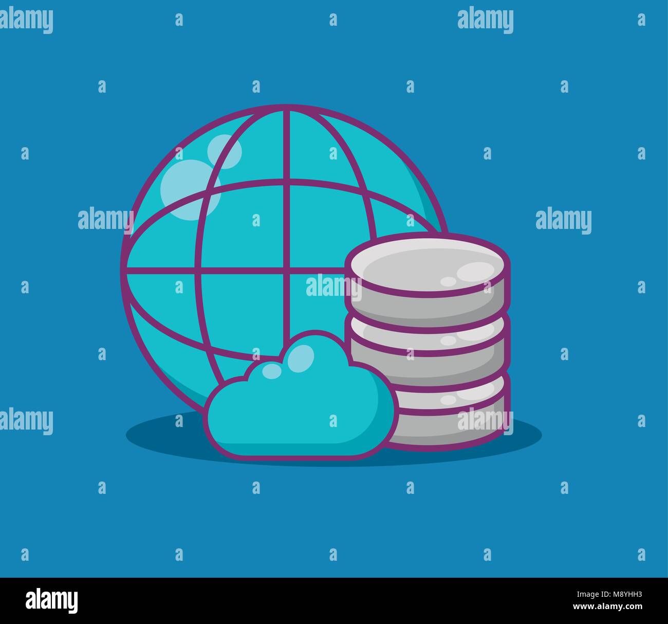 Data server with global sphere and cloud over blue background, colorful ...