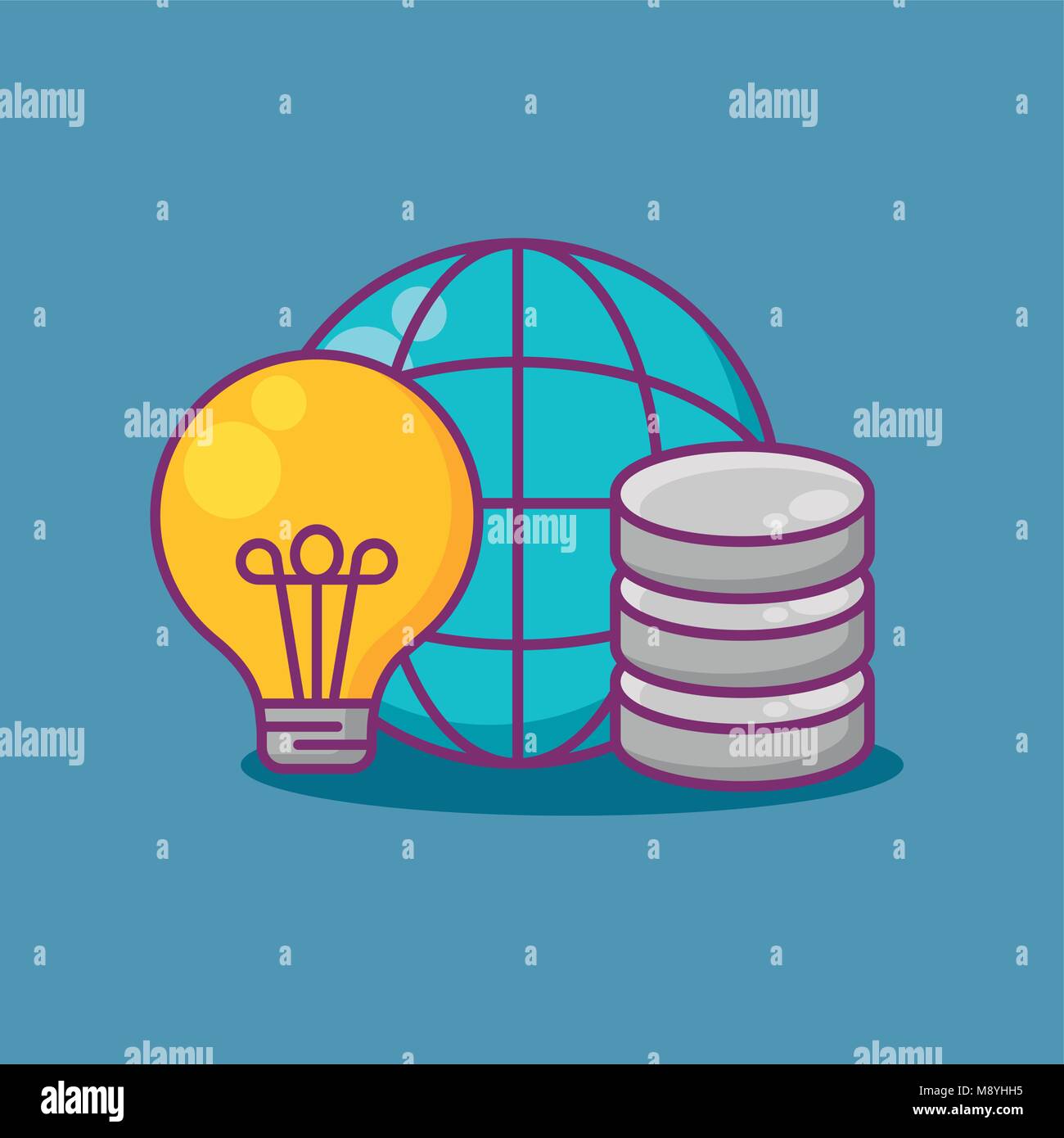 Data server with global sphere and bulb over blue background, vector ...