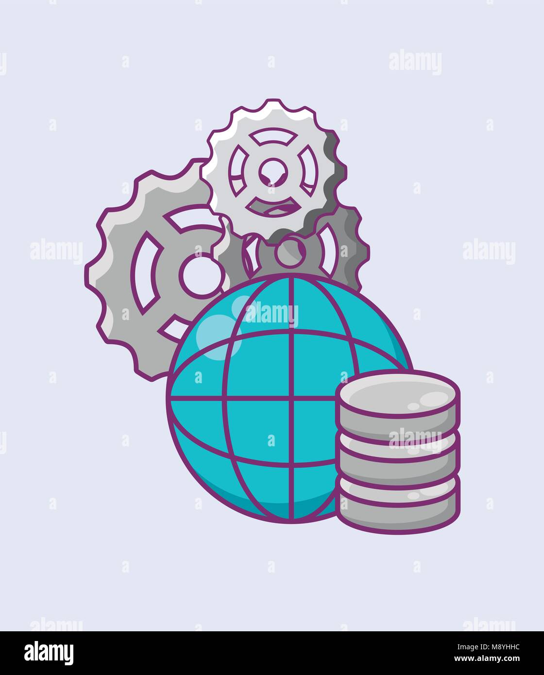 Data server and global sphere with gear wheels over white background ...