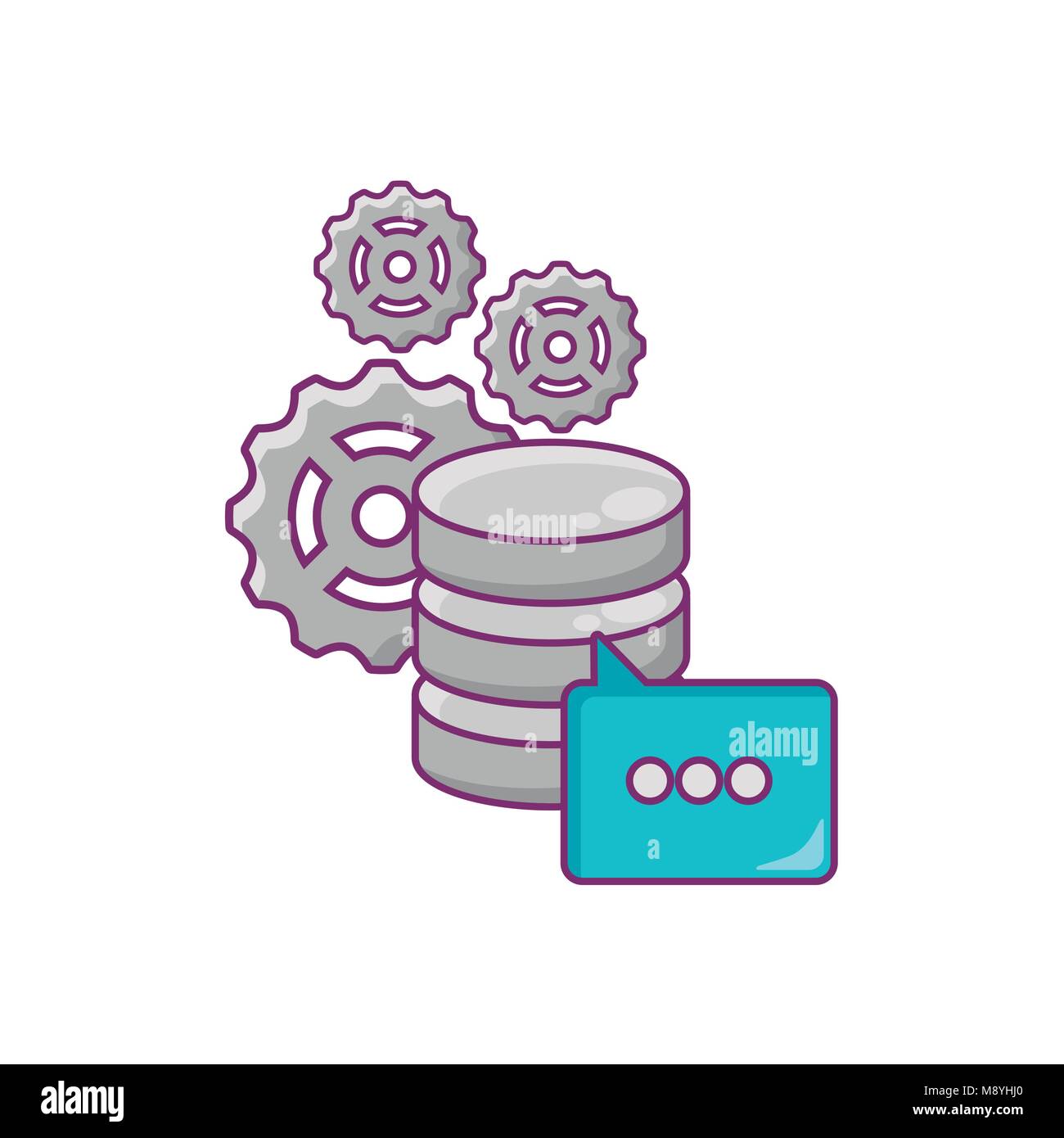 Data server with gear wheels and speech bubble over white background ...