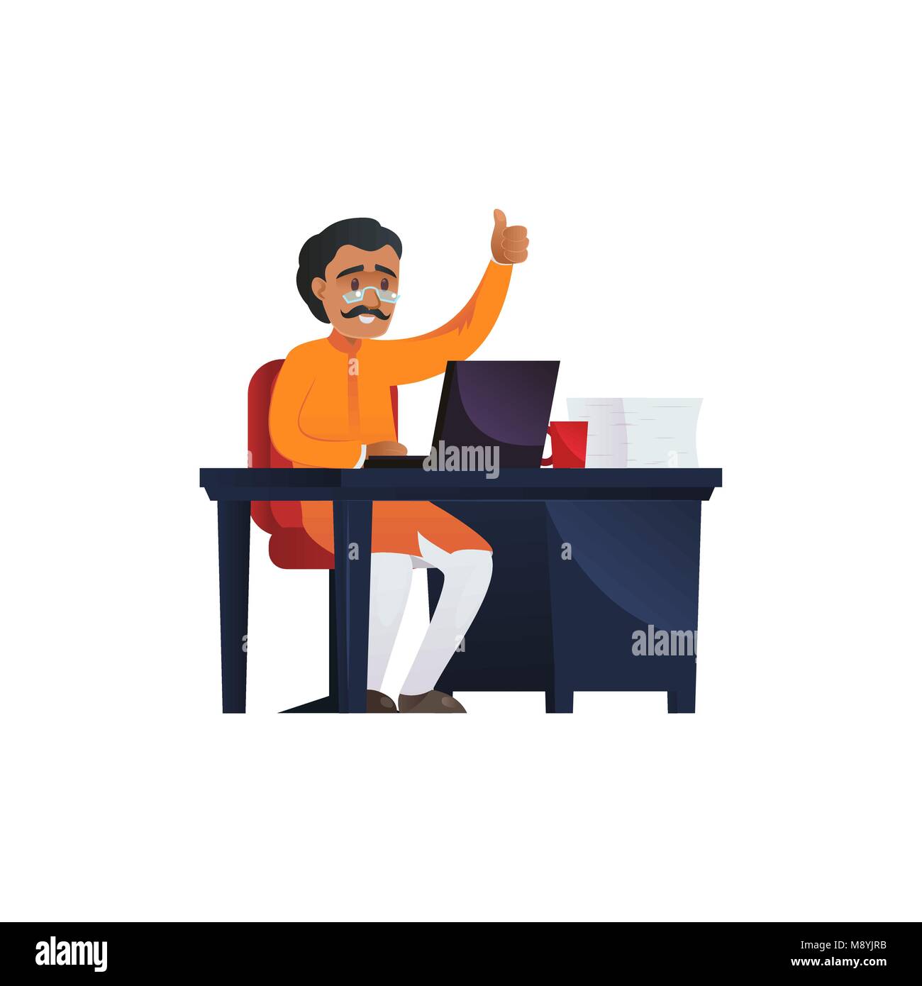 Flat design of Indian man working at desk in office showing thumb up. Stock Vector